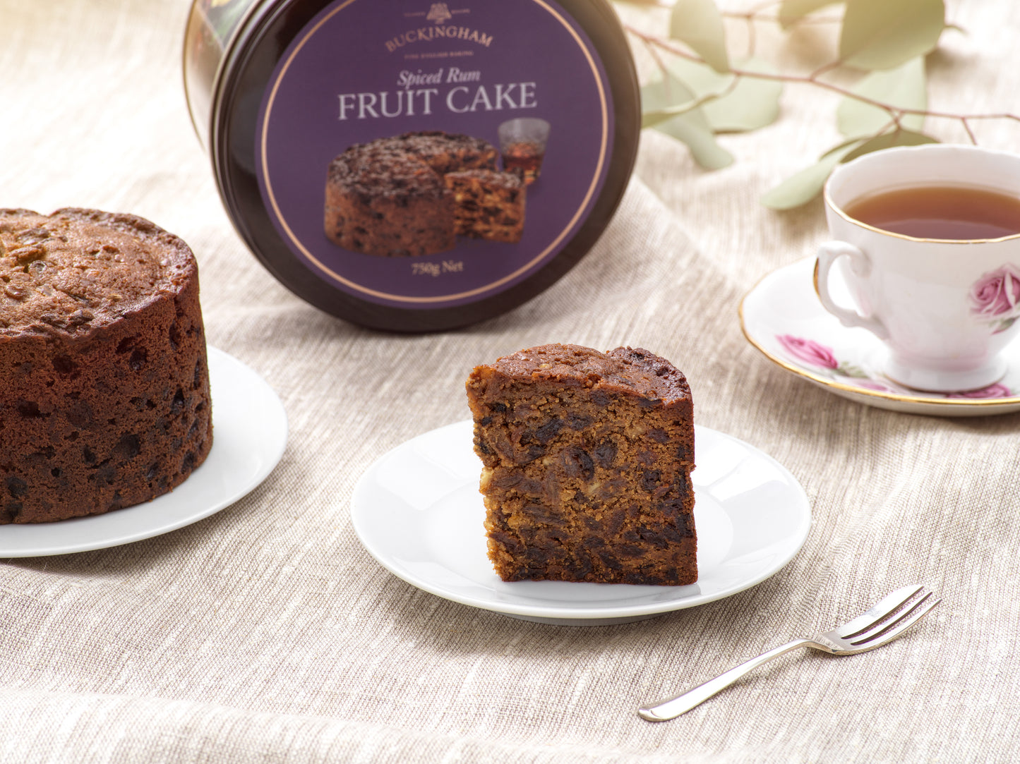 Slice of rum cake and cup of tea.